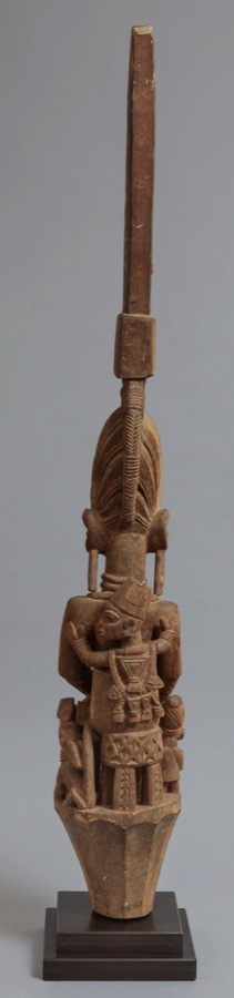 Epa helmet mask with elaborate superstructure depicting a mounted warrior, carved wood with pigment, Ekiti region