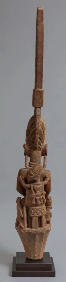 Epa helmet mask with elaborate superstructure depicting a mounted warrior, carved wood with pigment, Ekiti region