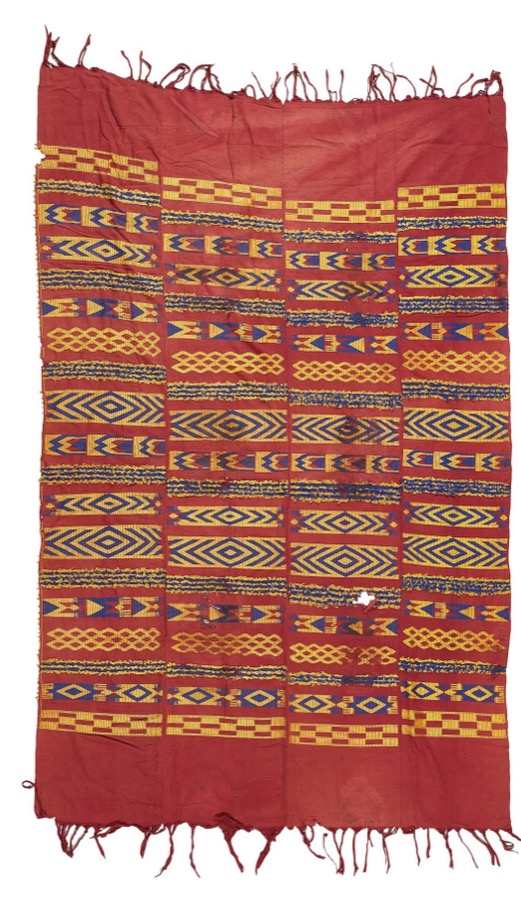 Yoruba royal beaded regalia including robe and accessories, glass beads on cloth with symbolic imagery